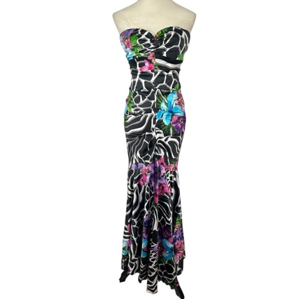Vintage Y2k Cache‎ Strapless Maxi Dress Floral Zebra Print Ruched Formal Gown 2
